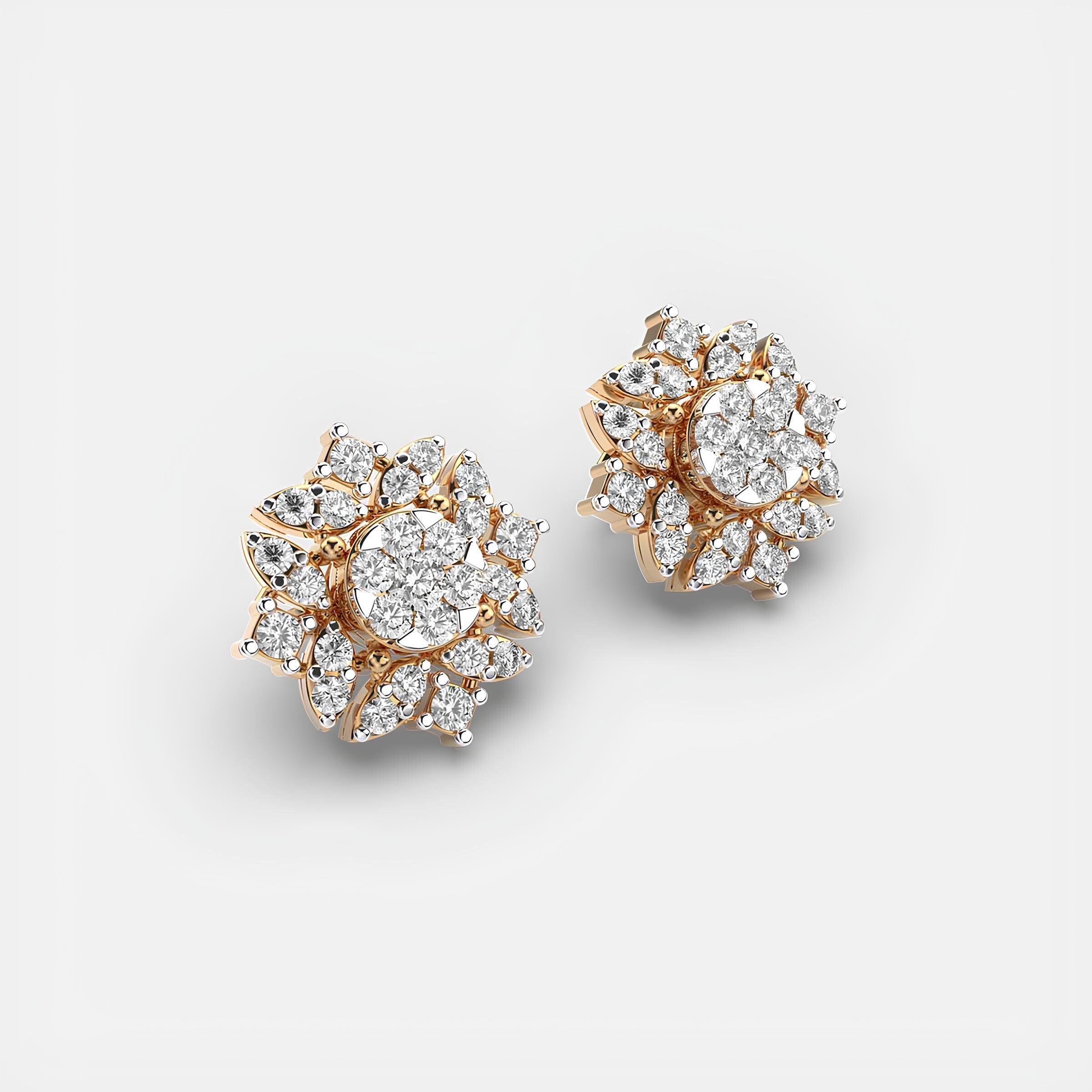 14K Solid Gold Floral Fantasy Cluster Stud Earrings EF VS/SI Round Lab-Grown Diamonds Elegant Minimalist Design Perfect Christmas Gift for Her
